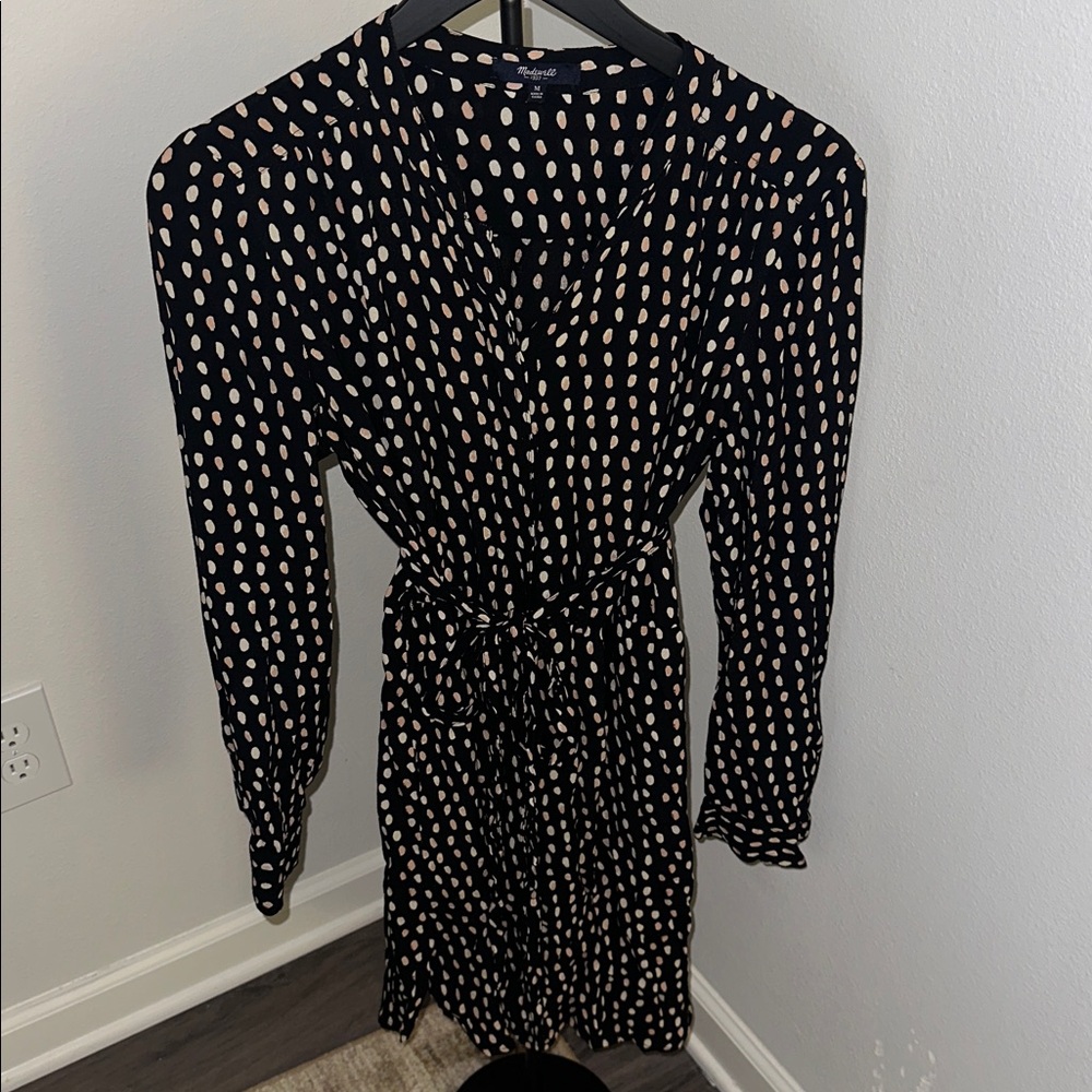 Madewell Black and Cream Polka Dot Long Sleeve Dress